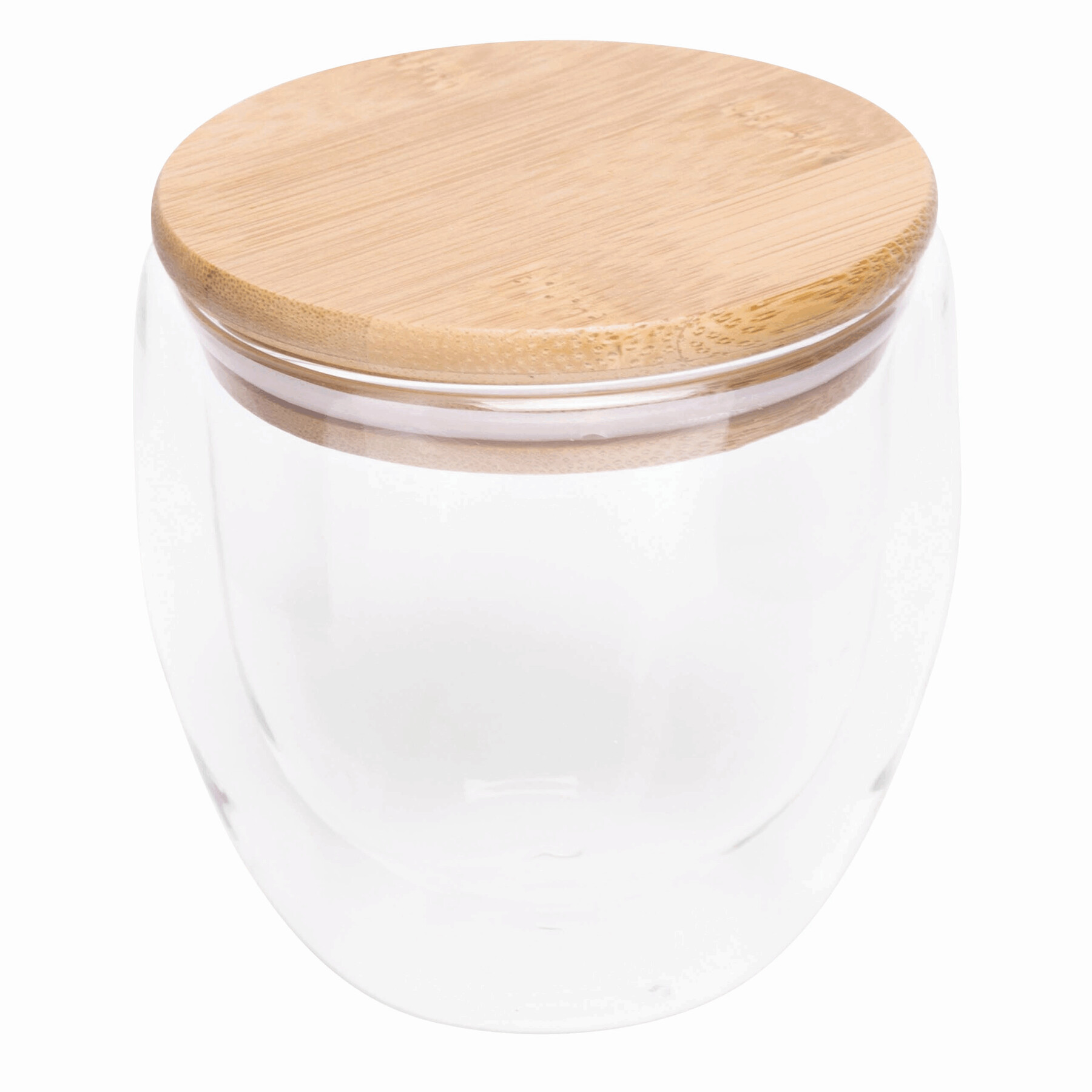 Dwuścienna szklanka BAMBOO ART S z pokrywą z bambusa. Przezroczysta, odporna na temperaturę, o pojemności ok. 250 ml.