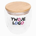 Dwuścienna szklanka BAMBOO ART S z pokrywą z bambusa. Przezroczysta, odporna na temperaturę, o pojemności ok. 250 ml. do nałożenia logo