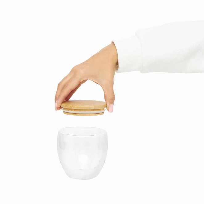 Dwuścienna szklanka BAMBOO ART S z pokrywą z bambusa. Przezroczysta, odporna na temperaturę, o pojemności ok. 250 ml. do nałożenia logo Zdjęcie 8