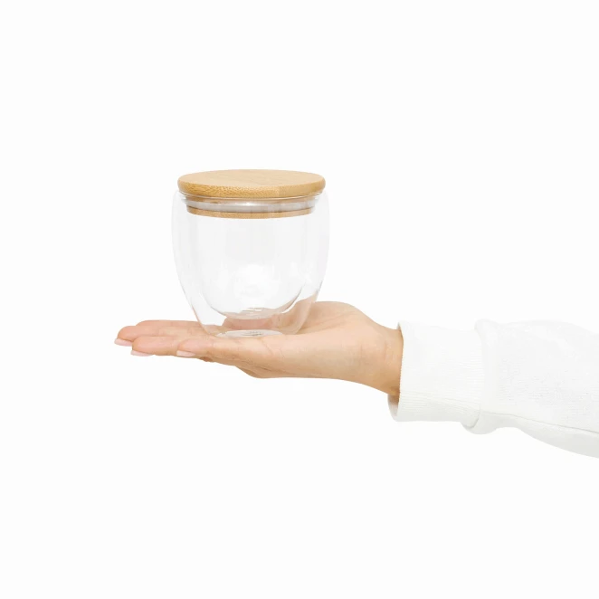 Dwuścienna szklanka BAMBOO ART S z pokrywą z bambusa. Przezroczysta, odporna na temperaturę, o pojemności ok. 250 ml. do nałożenia logo Zdjęcie 9
