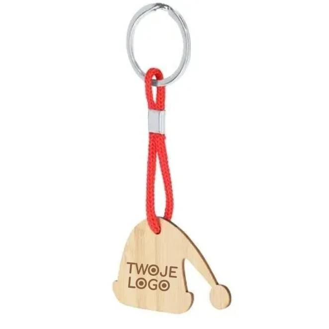 Bambusowy brelok do kluczy, świąteczny motyw Czapka mikołaja z naniesieniem logo Zdjęcie