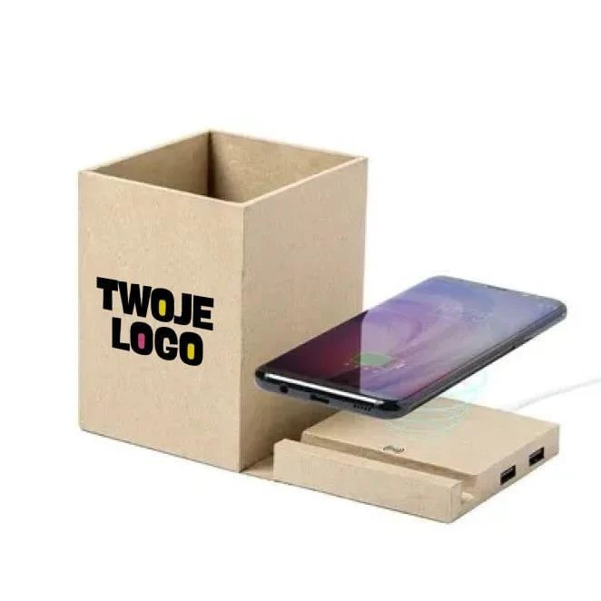 Składana ładowarka bezprzewodowa 5W z kartonu z recyklingu, hub USB 2.0, pojemnik na przybory do pisania, stojak na telefon do naniesienia logo Zdjęcie