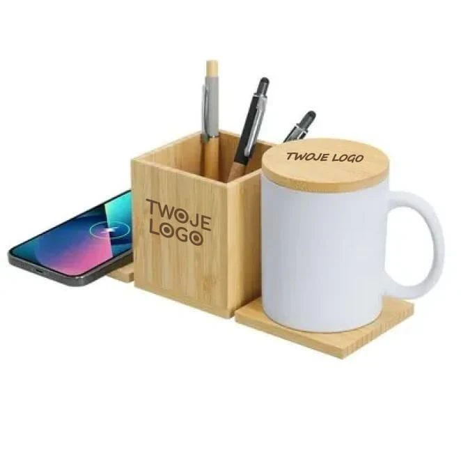 Bambusowa ładowarka bezprzewodowa 15W, pojemnik na przybory do pisania, podgrzewacz do kubka do naniesienia logo Zdjęcie