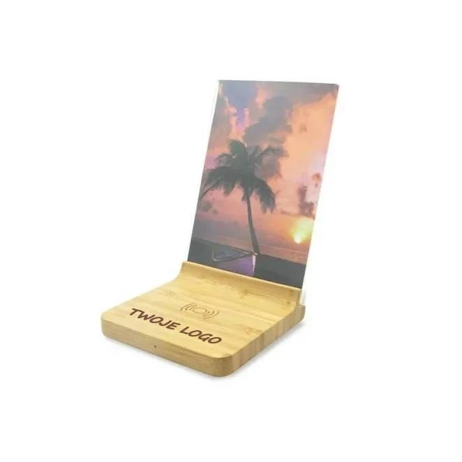 Bambusowa ładowarka bezprzewodowa 10W, ramka do zdjęć | Finneas z nadrukiem na zamówienie Zdjęcie