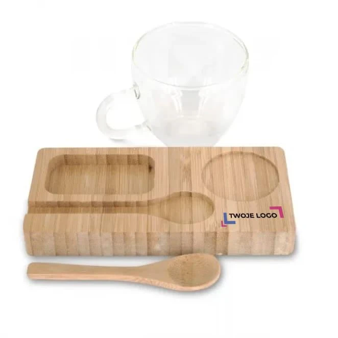 Taca z łyżeczką i szklanym kubkiem FORMOSA 150 ml z logo Zdjęcie