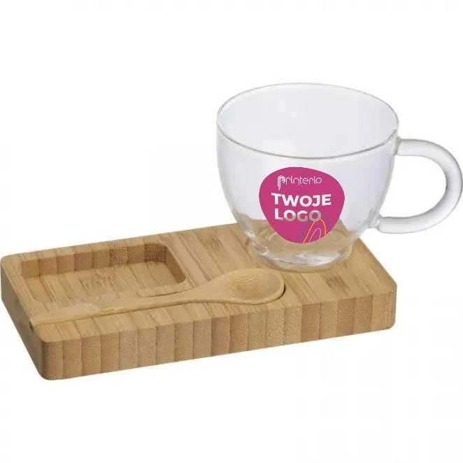 Taca z łyżeczką i szklanym kubkiem 150 ml do nałożenia logo Zdjęcie