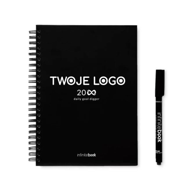 STARTER KIT INFINITE PLANNER A5. Zestaw zawiera „Infinite Diary”, zestaw do czyszczenia, marker i uchwyt na marker z logo firmy Zdjęcie