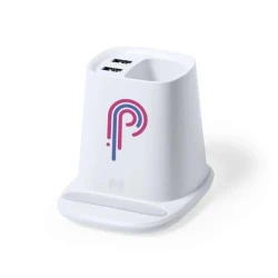 Ładowarka bezprzewodowa 5W, hub USB, pojemnik na przybory do pisania, stojak na telefon z nadrukiem logo