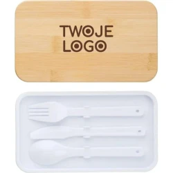 Pudełka śniadaniowe 2 w 1, 2x400 ml, bambusowe wieczko, sztućce z logo firmy