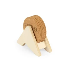 PLYCORK. Stojak ze sklejki z 6 korkowymi podstawkami do naniesienia logo