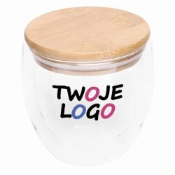 Dwuścienna szklanka BAMBOO ART S z pokrywą z bambusa. Przezroczysta, odporna na temperaturę, o pojemności ok. 250 ml. do nałożenia logo